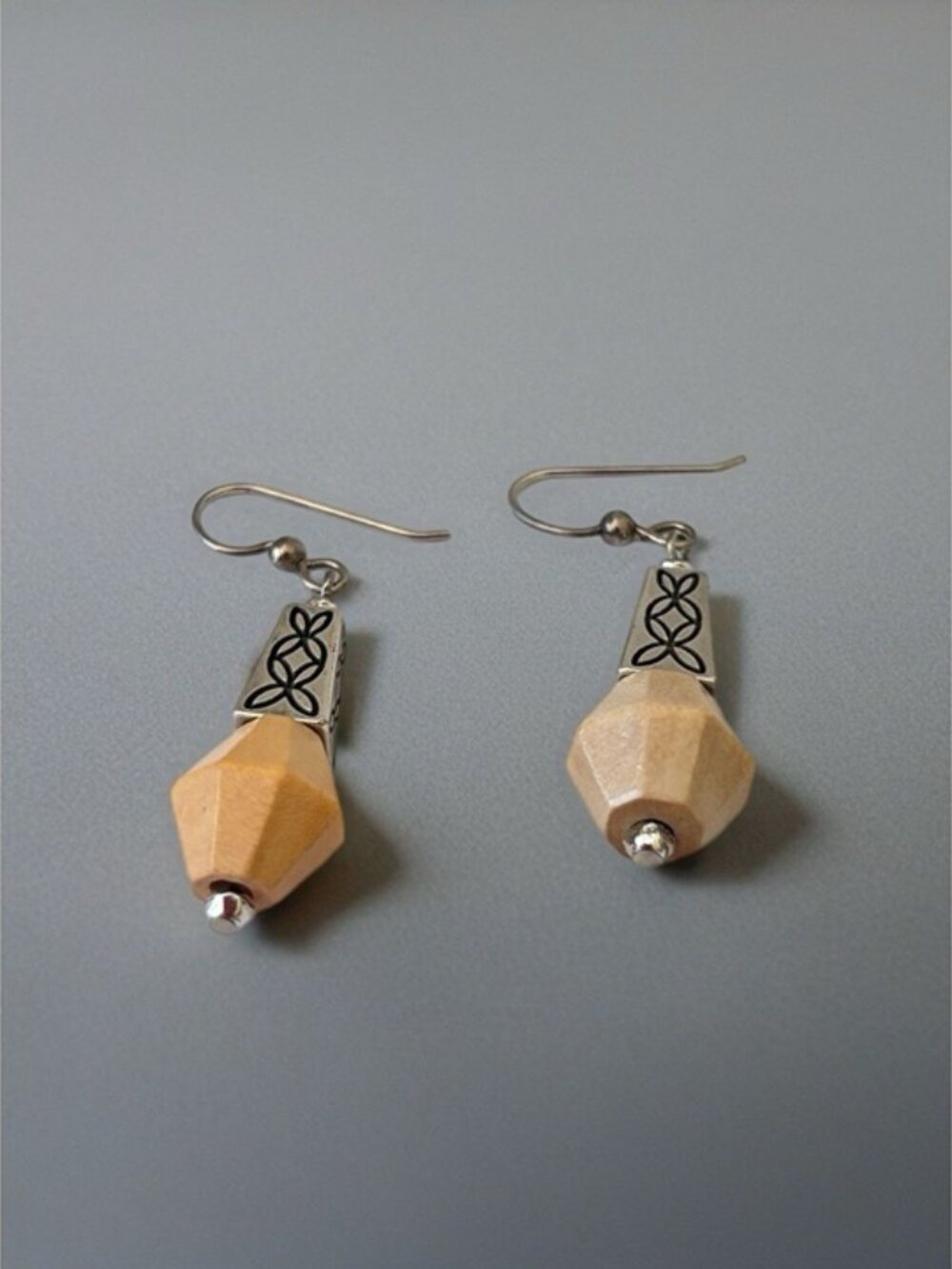 Brighton Lanai Earrings- beige wood beads- etching- French wire-pretty design